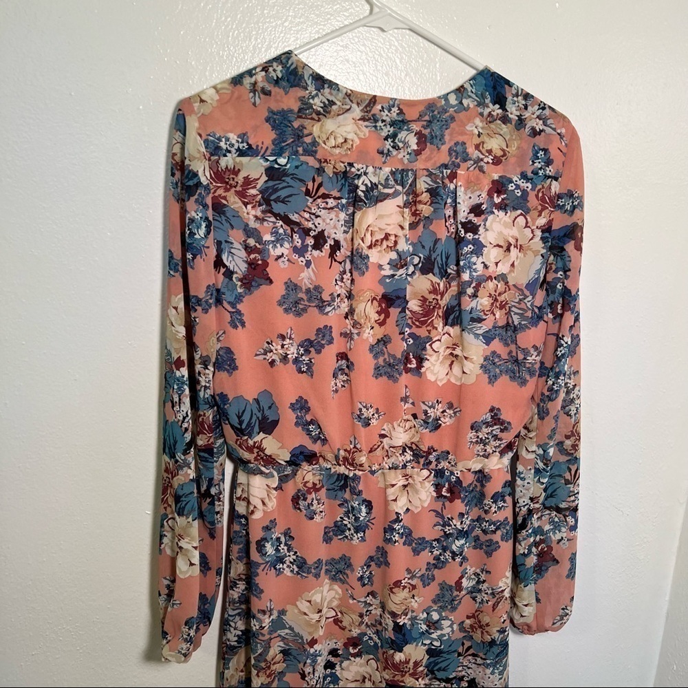 Wayf Women's Size Small Midi Dress Light Pink Teal Beige Floral Long Sleeve - Picture 10 of 14